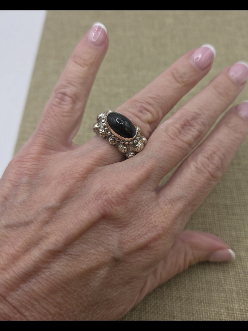 925 Sterling Silver/14k Band Black Onyx Dome Vintage Ring